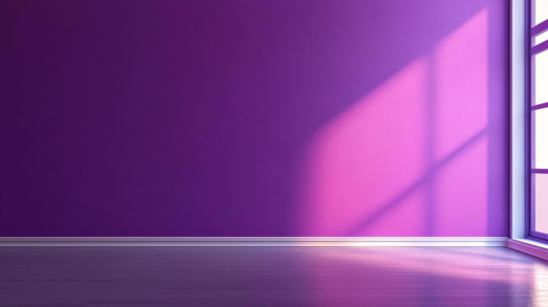 A purple wall and wood floor, with sunlight streaming in through a window, creates a vibrant and modern interior space. Minimalist and bright. photo
