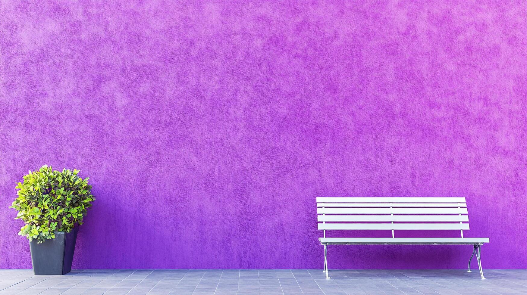 Vibrant scene with a lush plant, white bench, and a striking purple textured wall, creating a visually captivating outdoor setting. photo