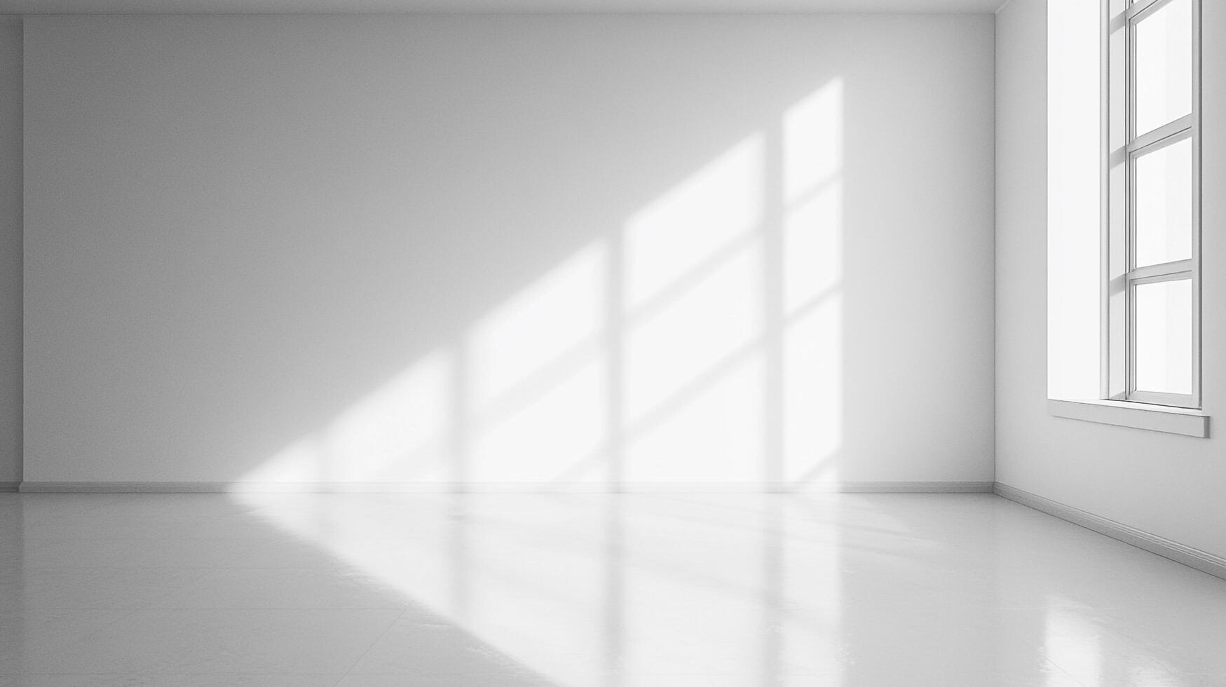 An empty white room filled with natural light filtering through a window, creating geometric shadows on the wall and floor. photo