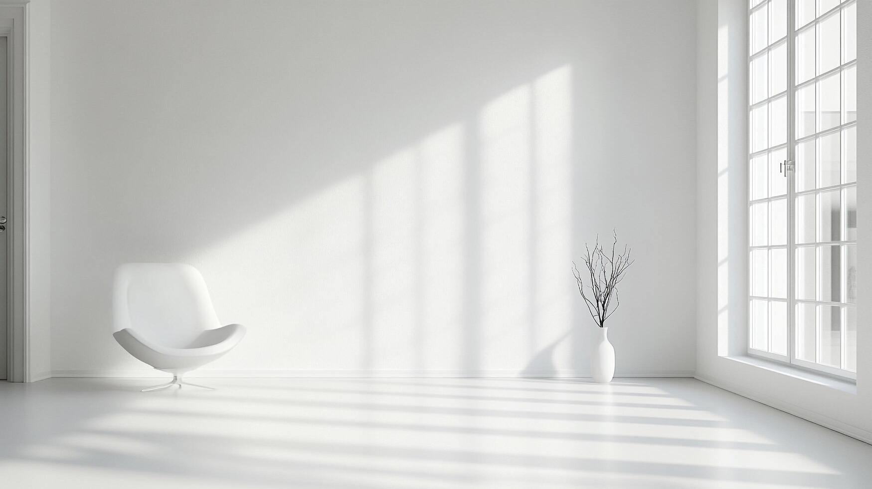 Minimalist bright room with shadows. The light enhances the modern chair and the sculptural dry branches in a white vase. photo