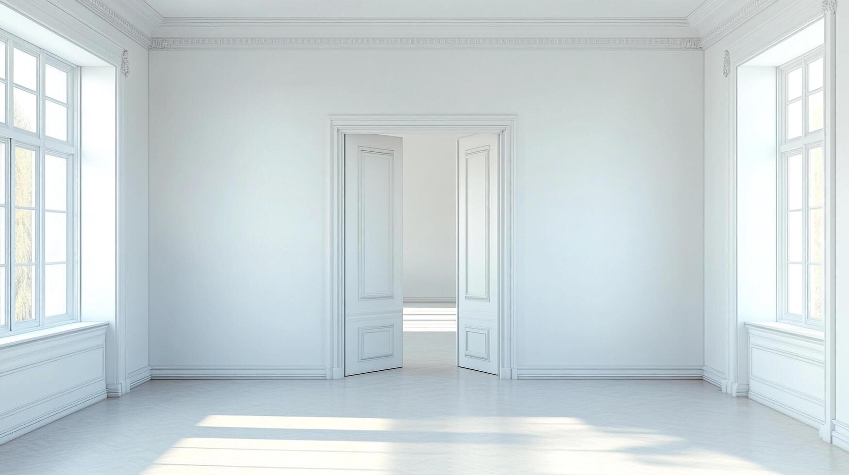 Bright, white room with sunlight, two large windows, and a door leading to another space. Minimalistic design with an elegant touch. photo