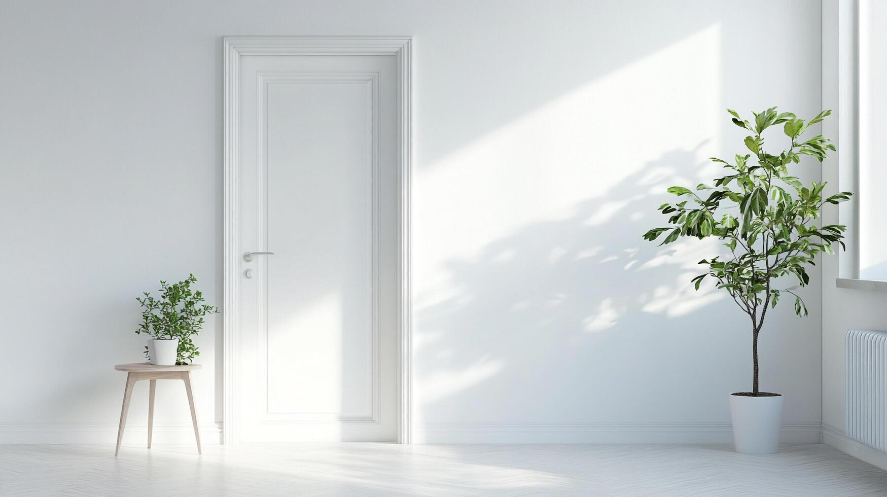 Bright white room with a closed door and plants in white pots, bathed in soft sunlight, creating a serene and minimalist scene. photo
