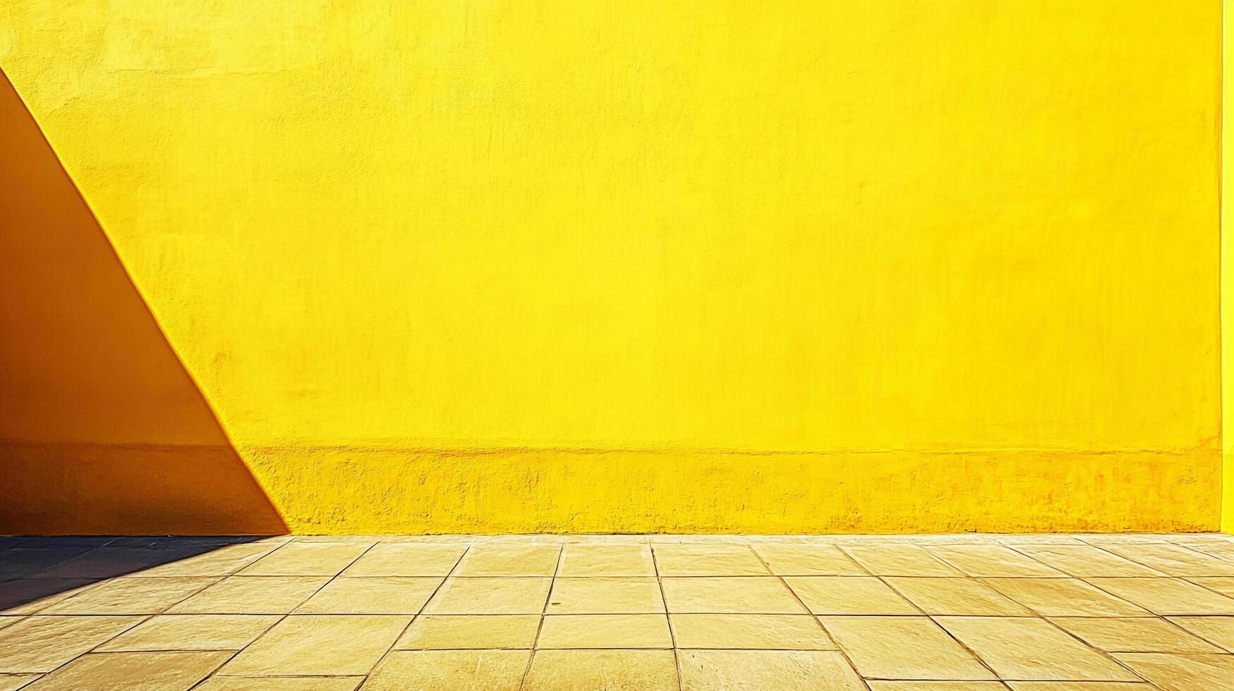 A bright yellow wall meets a tiled floor, bathed in sunlight, creating a striking contrast of color and texture. Shadow adds depth. photo