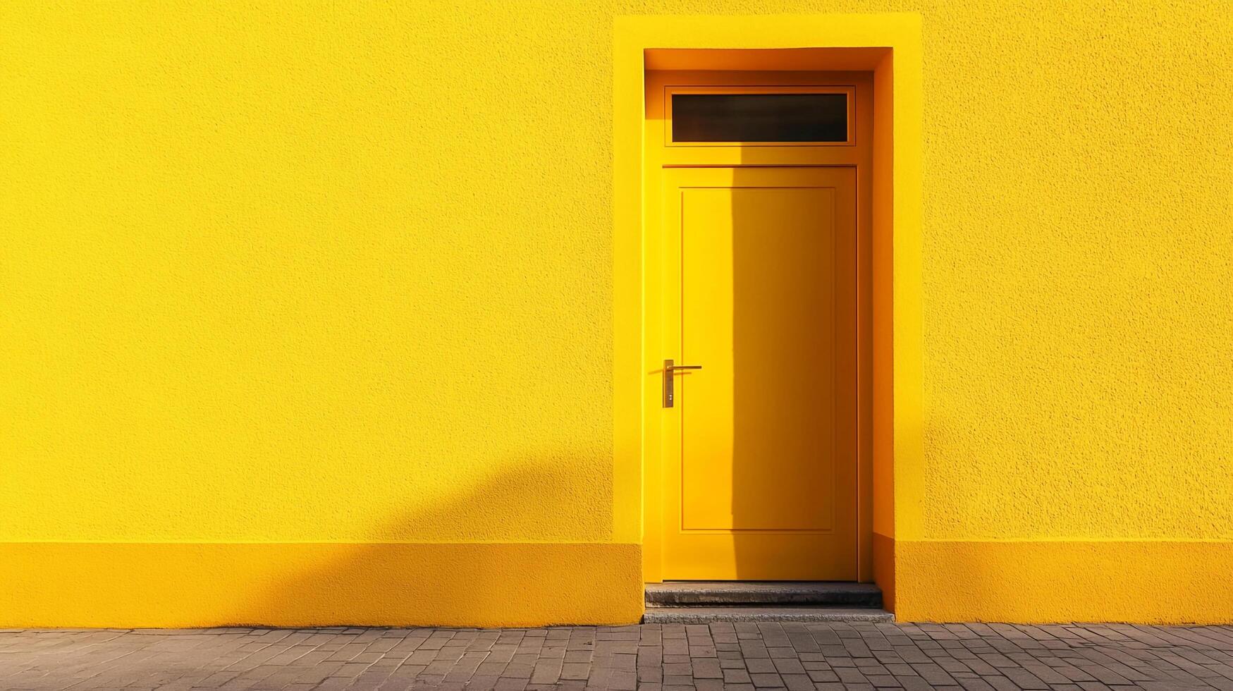 A bright yellow door is set into a wall of the same color, with a small dark glass window near the top, accented with sunlight and shadow. photo