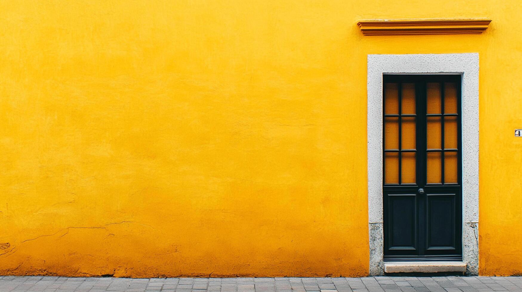 Bright yellow wall with dark paneled door and white frame. The perfect pop of color for any home or business. Minimalist design and structure. photo