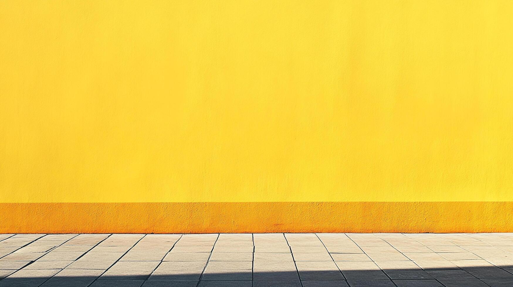 Vibrant yellow wall with textured surface, complemented by gray tile sidewalk. Warm lighting accentuates the scene's architectural details. photo
