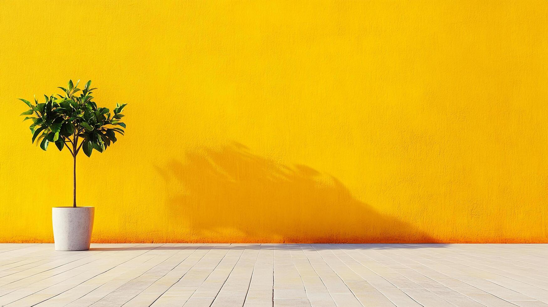 A vibrant yellow wall serves as a backdrop to a small potted tree, creating a minimalist yet striking interior scene. photo