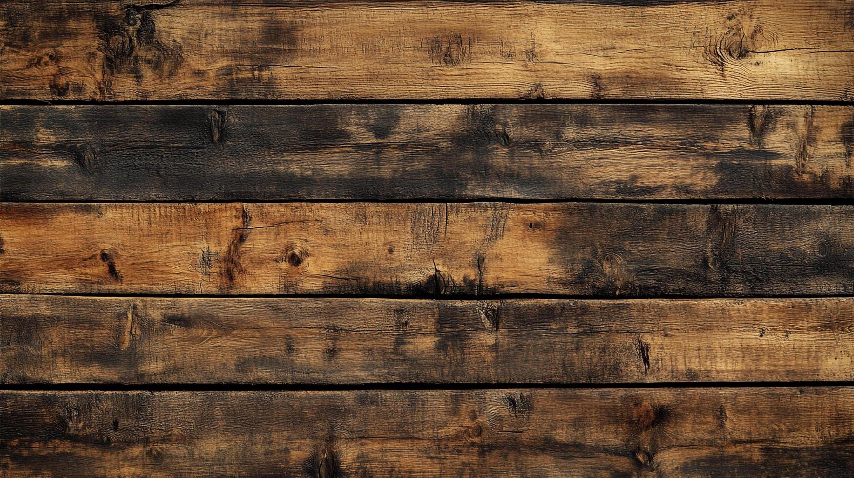 Rustic wooden plank background with dark burn marks. Aged hardwood surface with natural wood grain texture and weathered appearance. photo