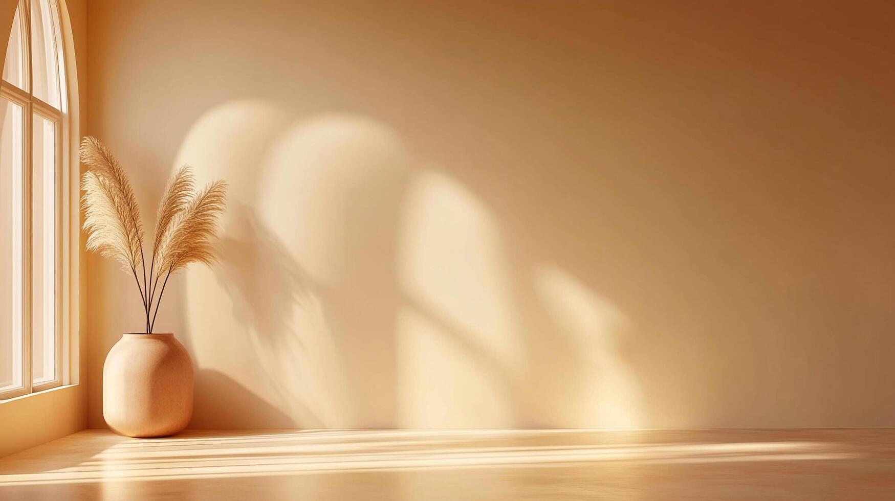 Minimalist interior with dried grass in a vase next to a window, casting shadows on a neutral-toned wall, creating soft, inviting light. photo
