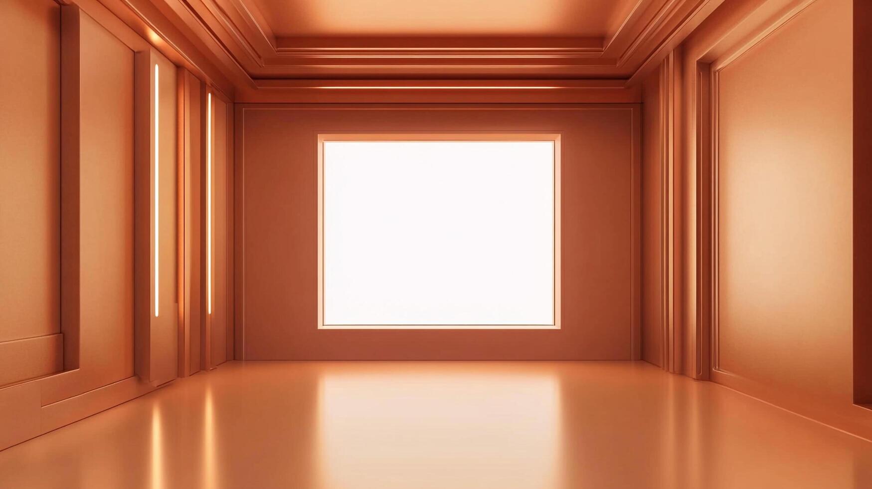 A bronze room featuring a large white framed opening, creating a modern, minimalist design aesthetic and a sense of spaciousness. photo