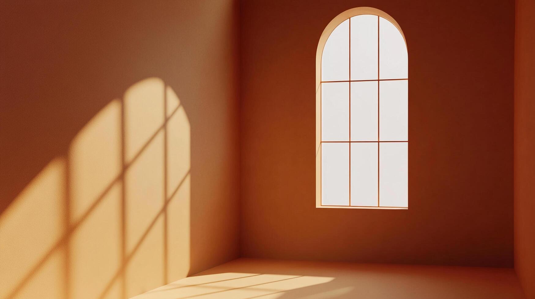Minimalist room bathed in sunlight with window shadow play. Interior design with warm earthy tones and arched window. photo