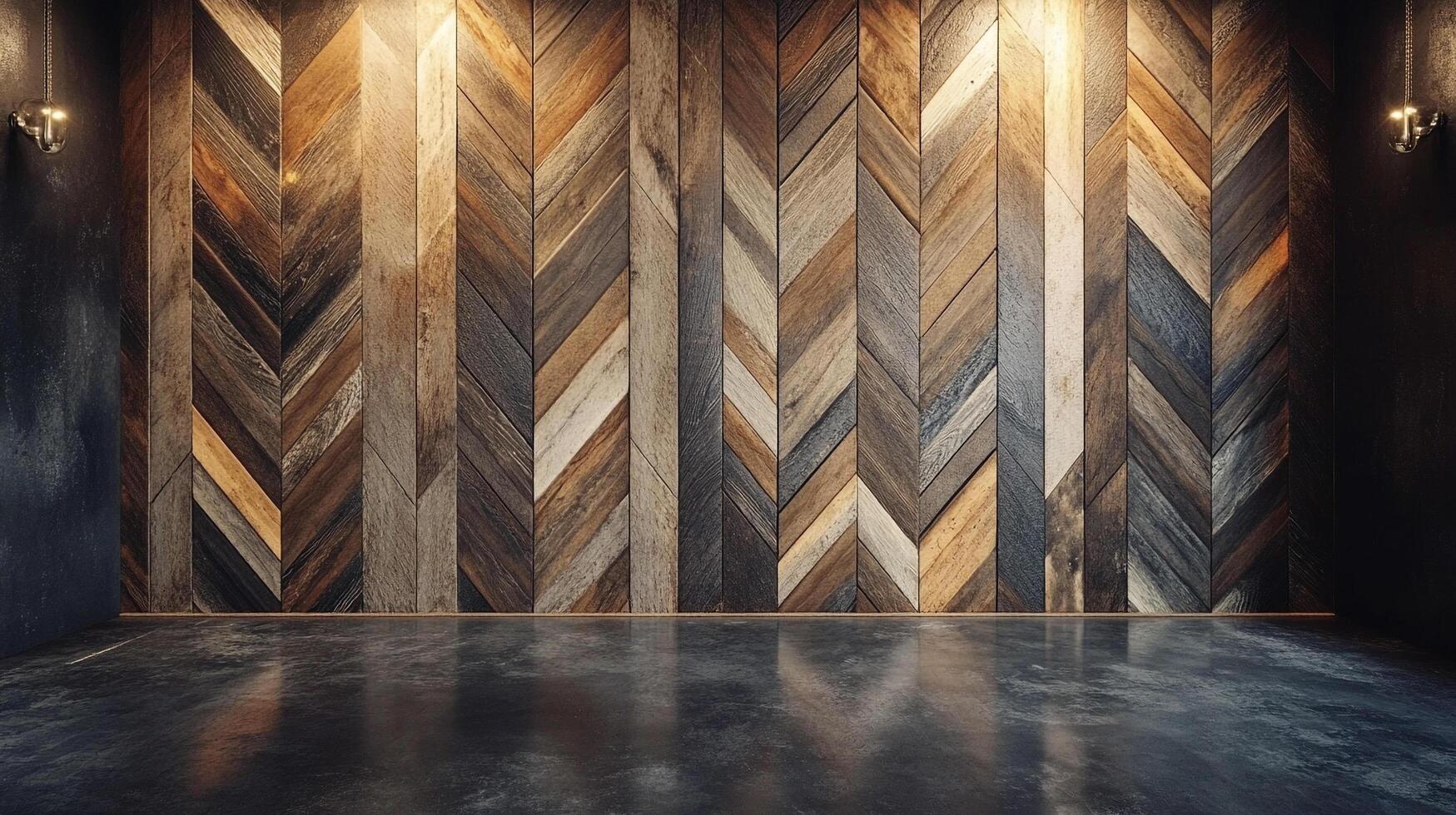 Rustic wood paneling in a herringbone pattern creates a warm and textured background. The polished concrete floor reflects the light. photo