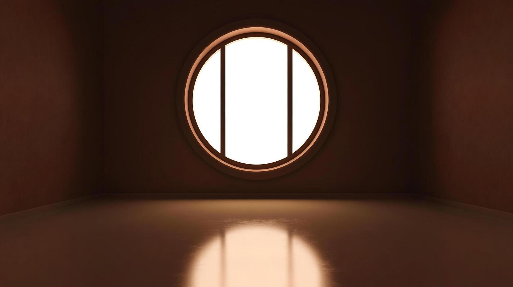 Minimalist room featuring a round window with bright light shining through, creating a serene and simple architectural space. photo