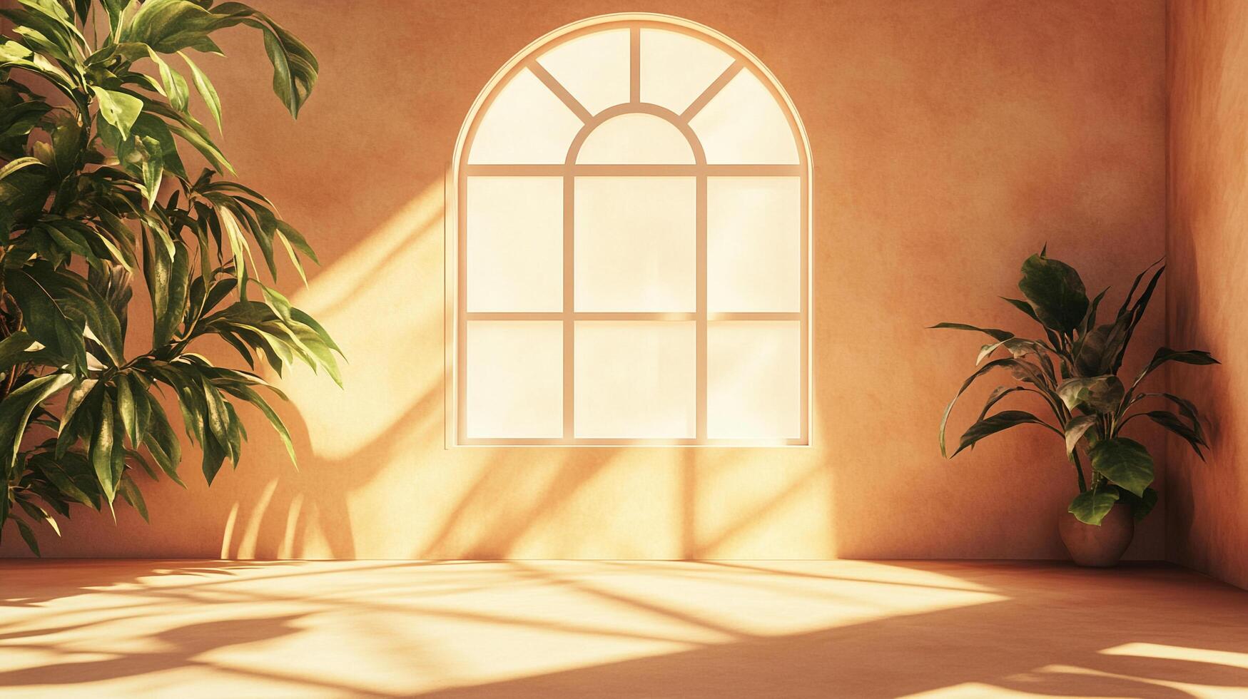 Sunlit interior with a large arched window casting plant shadows onto the terracotta walls and floor, complemented by potted greenery. photo