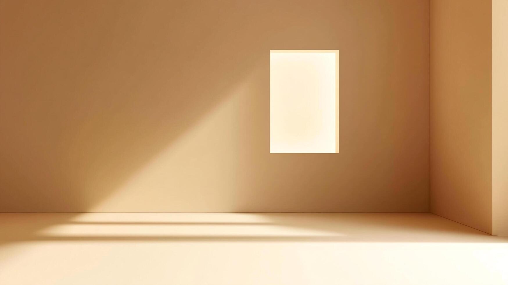 Sunlight streams through a rectangular window, casting shadows on the walls and floor of a minimal room. The sunlight illuminates the room. photo