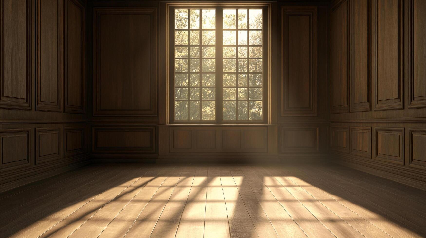 Sunlight streams into a wood-paneled room with a large window, creating shadows on the polished wood floor. Natural light illuminates. photo