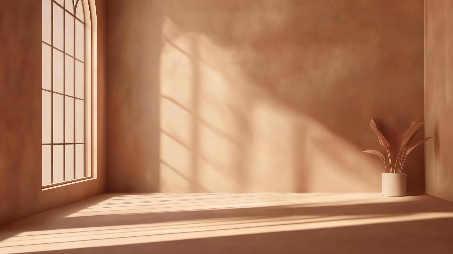 Sunlit minimalist interior with arched window casting shadows, a plant in a pot, and textured walls, creating a peaceful atmosphere. photo
