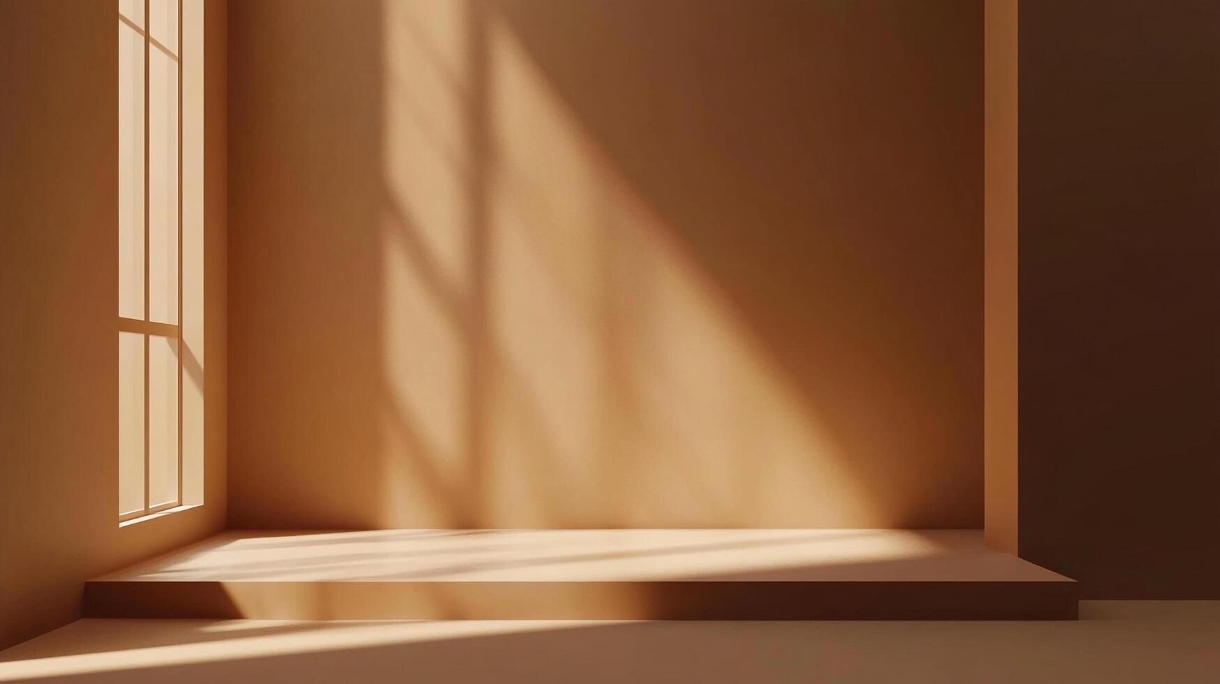 Sunlit minimalist interior featuring warm tan walls and a window casting leaf-like shadows on a raised platform. Simple, elegant, and inviting. photo