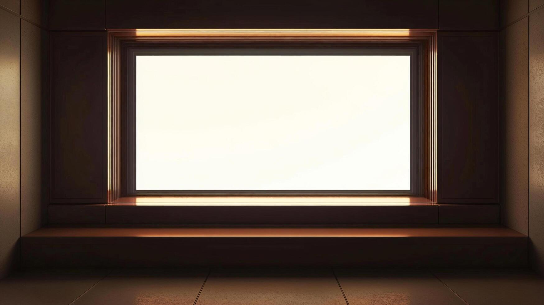 Illuminated window in a dim room, radiating a soft glow. Creates a focal point with its geometric frame against a shadowy setting. photo