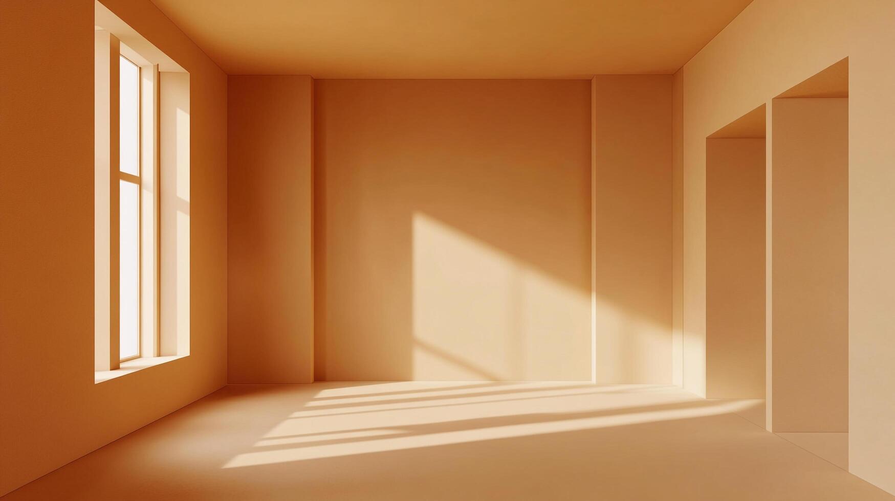 Minimalist interior scene featuring sunlight streaming through a window, casting shadows on a peach-colored room with a calm and serene ambiance. photo