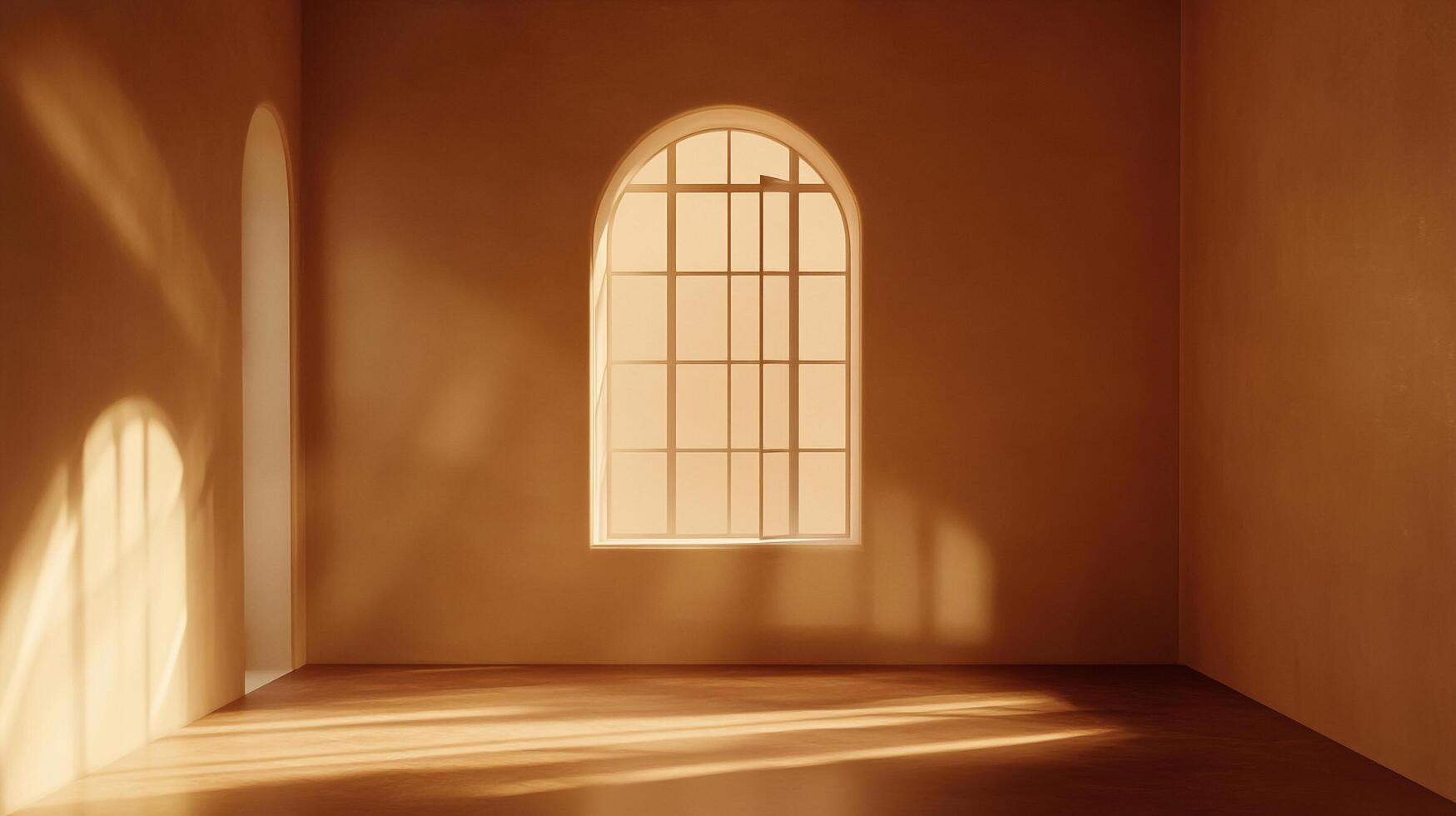 Sunlight streams into a monochromatic room, creating shadows across the floor, walls, and window. Minimalist space with warm tones. photo