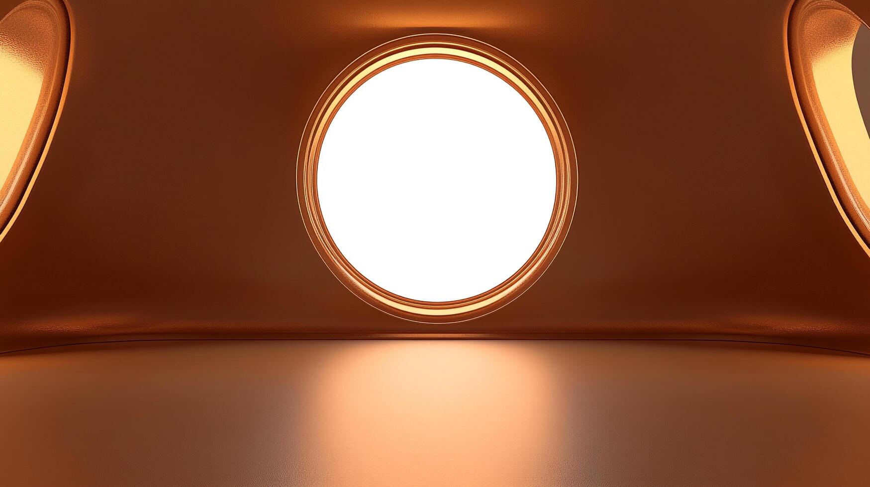 A glossy copper-toned interior space is seen, featuring a central circular bright window flanked by similar curves, offering a sleek, modern view. photo