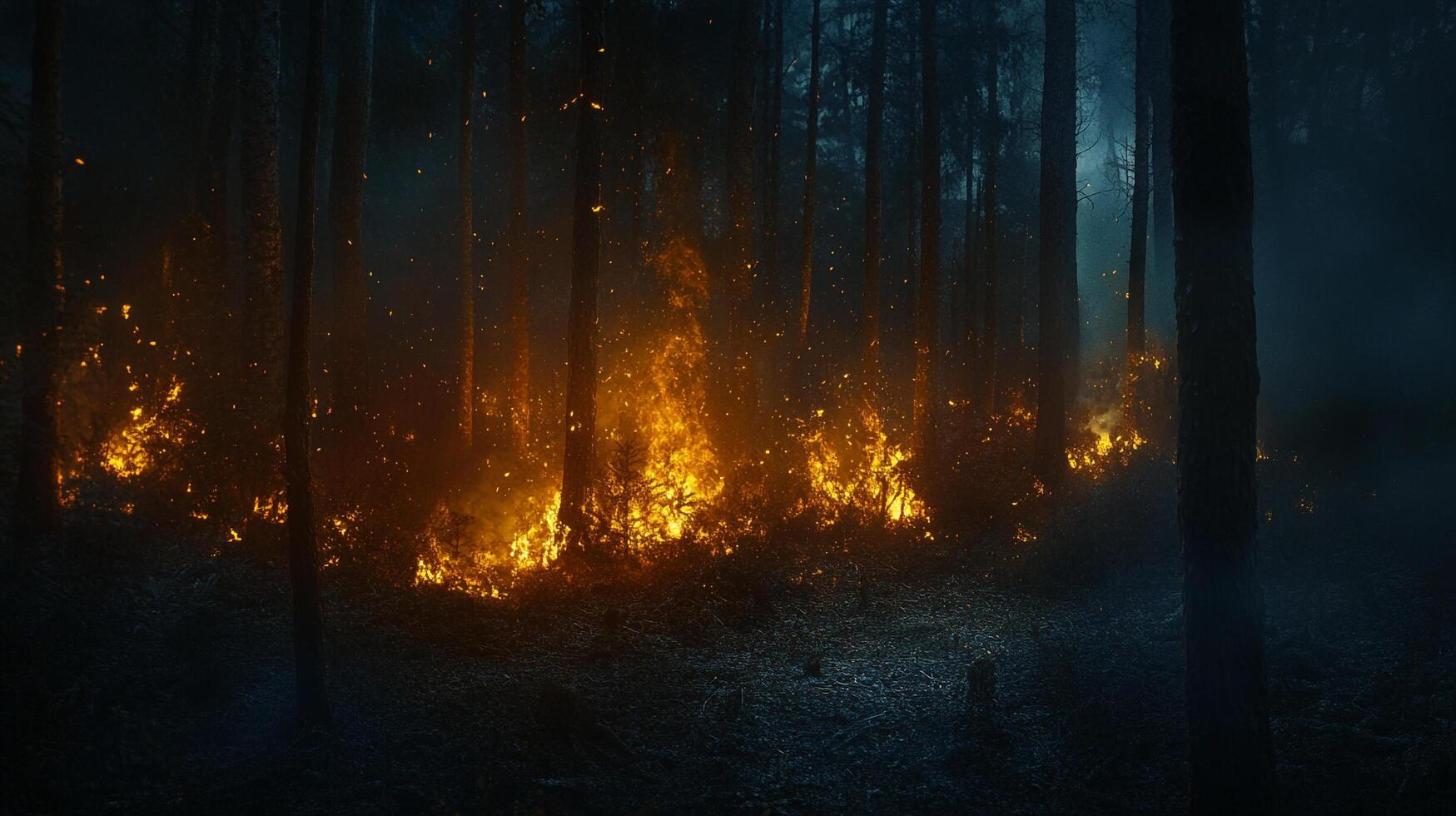 Forest ablaze, flames illuminate the dark. Intense burning under tall trees. Wildfire consumes the landscape in a spectacle of destruction. photo