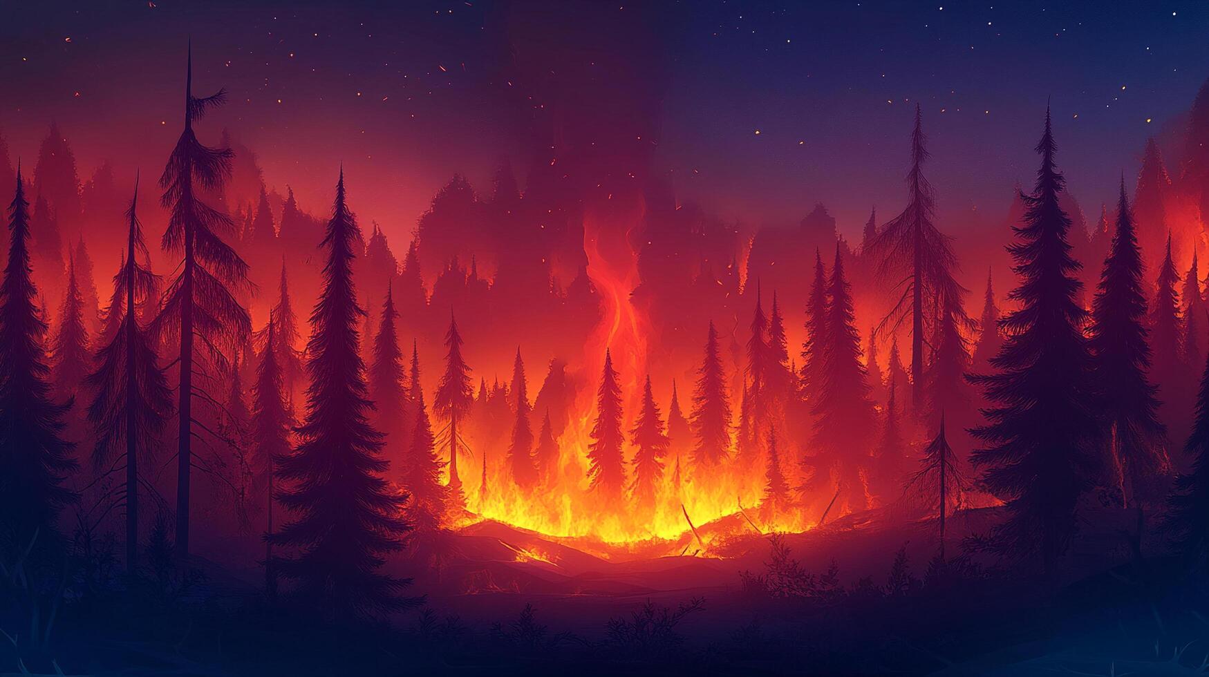 Forest ablaze under a starry night sky, silhouettes of trees against intense red and orange flames, creating a dramatic, fiery landscape. photo