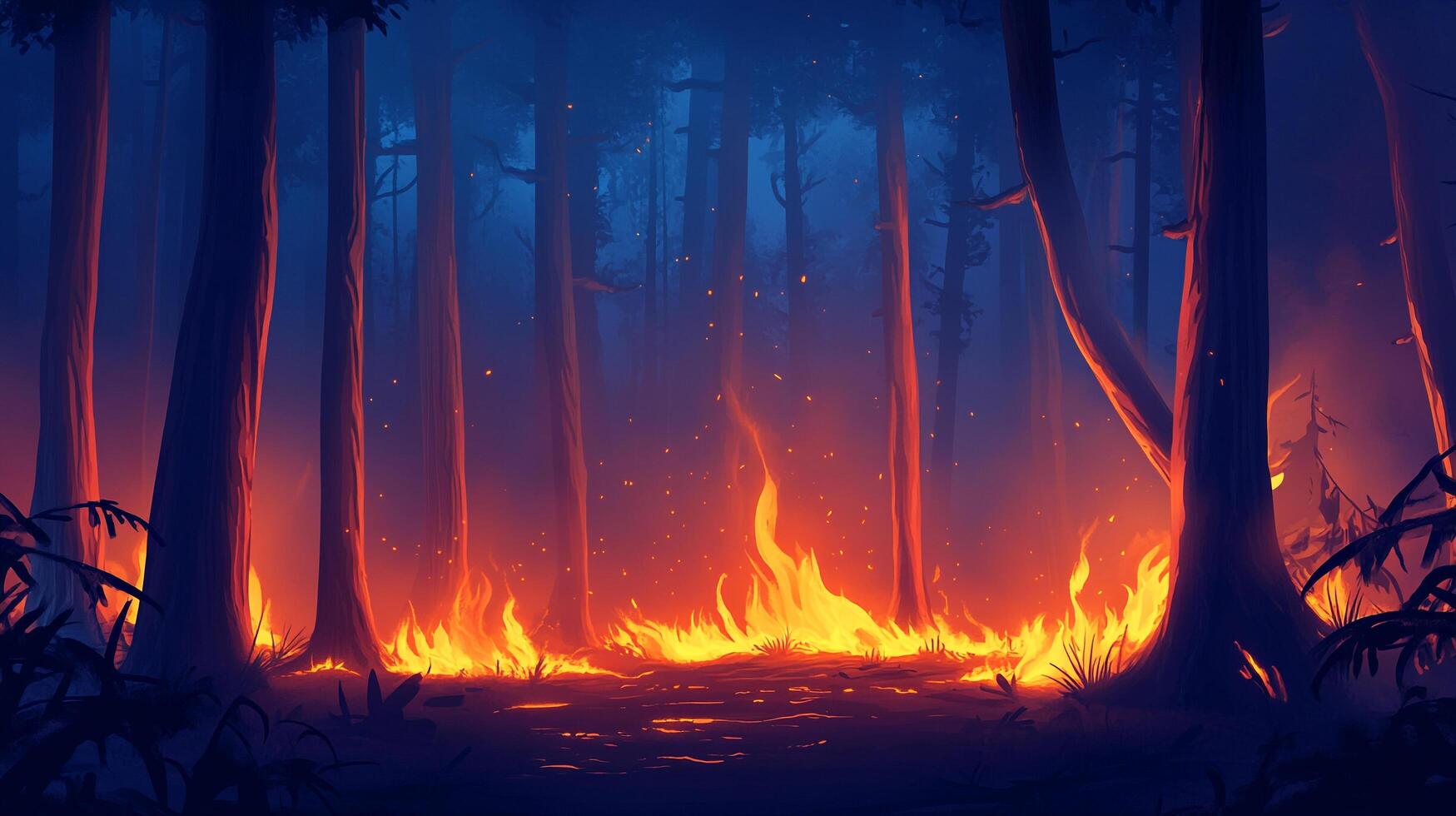 Forest fire burning with towering trees silhouetted against a smoky, dusky sky. Flames licking the ground create an orange glow. photo