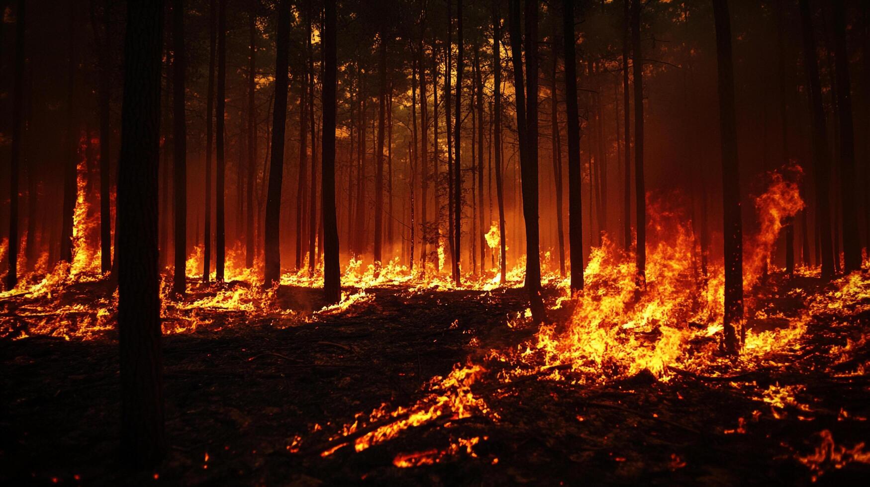 Forest fire engulfs trees with intense heat. Flames rise, creating a dramatic landscape of destruction, with a fiery blaze across the forest floor. photo