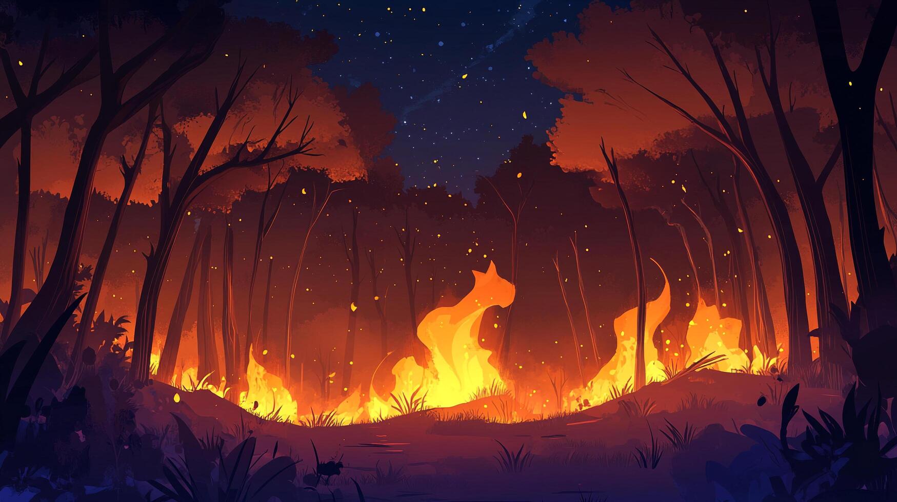 Forest ablaze at night. Vivid fiery illustration of wildfires consuming a woodland landscape. The sky above is dotted with stars. photo