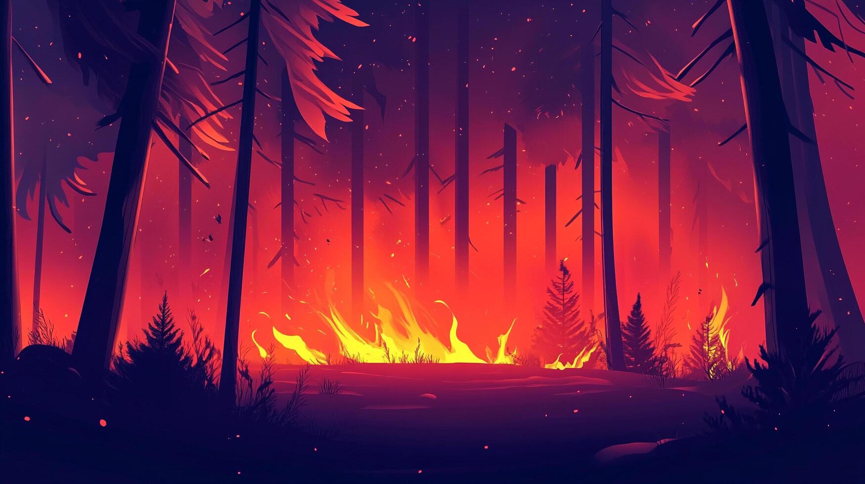 Forest ablaze with fiery intensity, tall trees silhouetted against vivid orange and red flames, creating a scene of nature's power photo