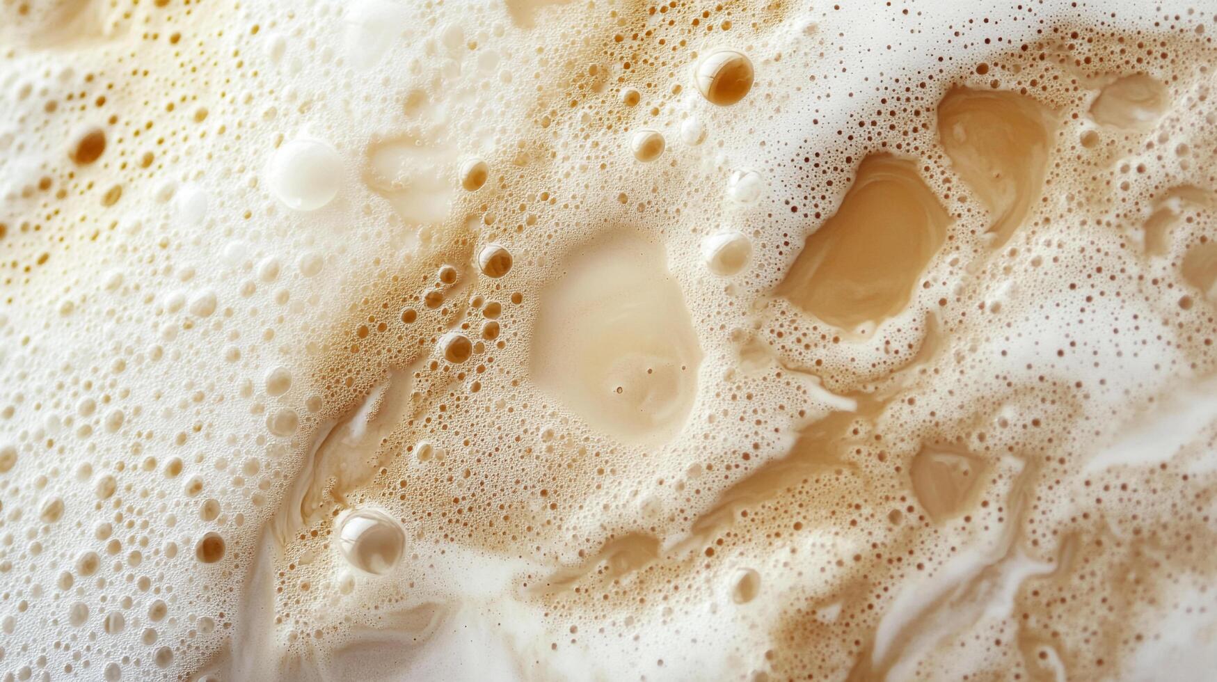 Close-up view of a beverage with creamy foam and liquid. The bubbles create interesting textures and patterns. Creamy, cozy, and warm aesthetic. photo