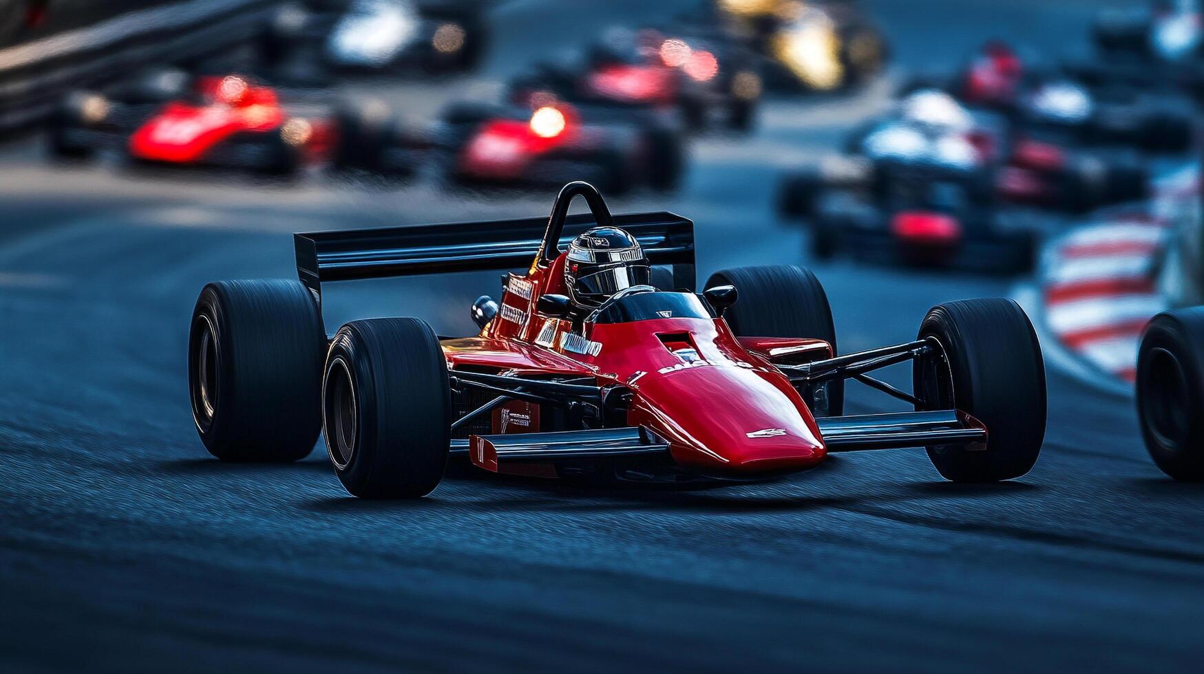 Red racing car leading the pack on a track, driven by a helmeted racer, surrounded by other race cars and a blur of motion. photo