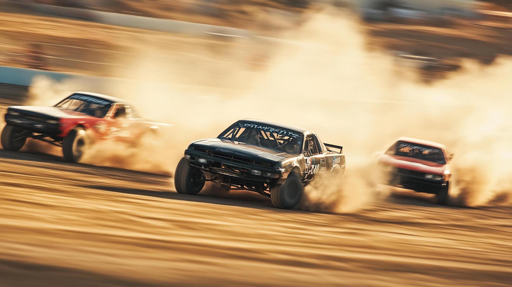Three modified cars race across a desert track, kicking up a cloud of dust during a high-speed competition. The cars are blurred with motion. photo