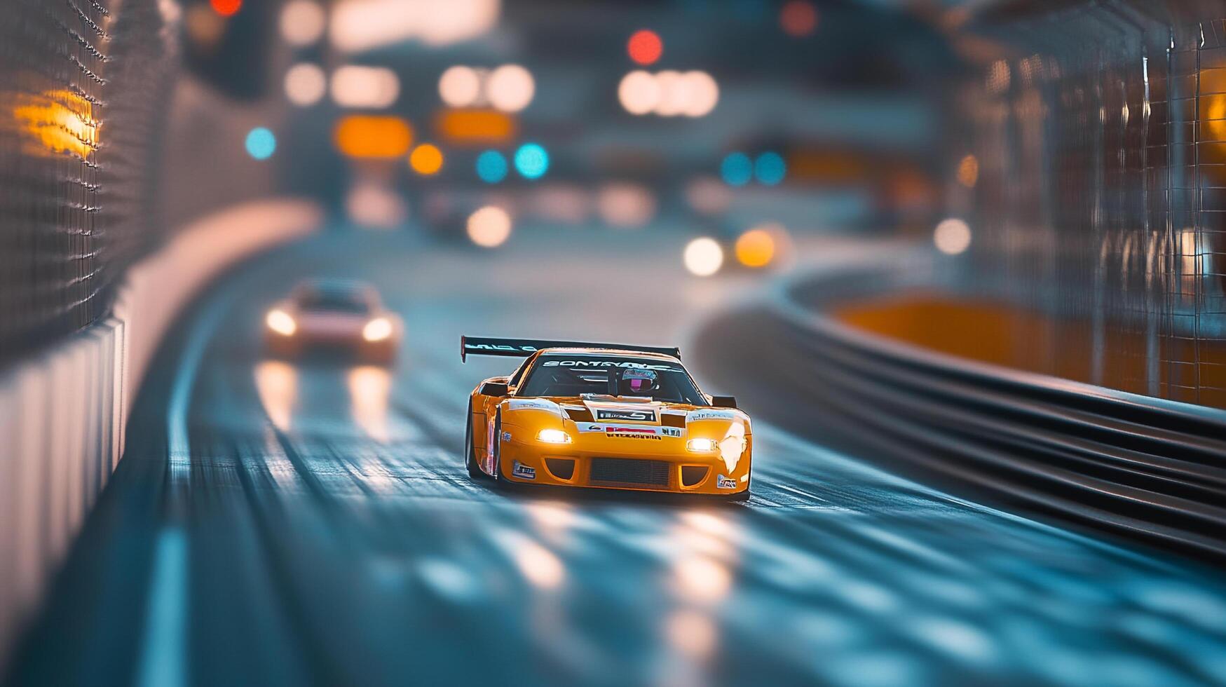 Racing car speeds around the track, lit by bokeh lights. Focus on the yellow vehicle as it navigates the bend. photo
