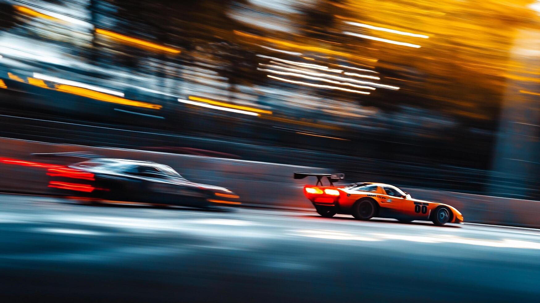 Motion blur captures a dynamic race between two high-speed cars on a track, glowing taillights illuminating the intensity of competition. photo