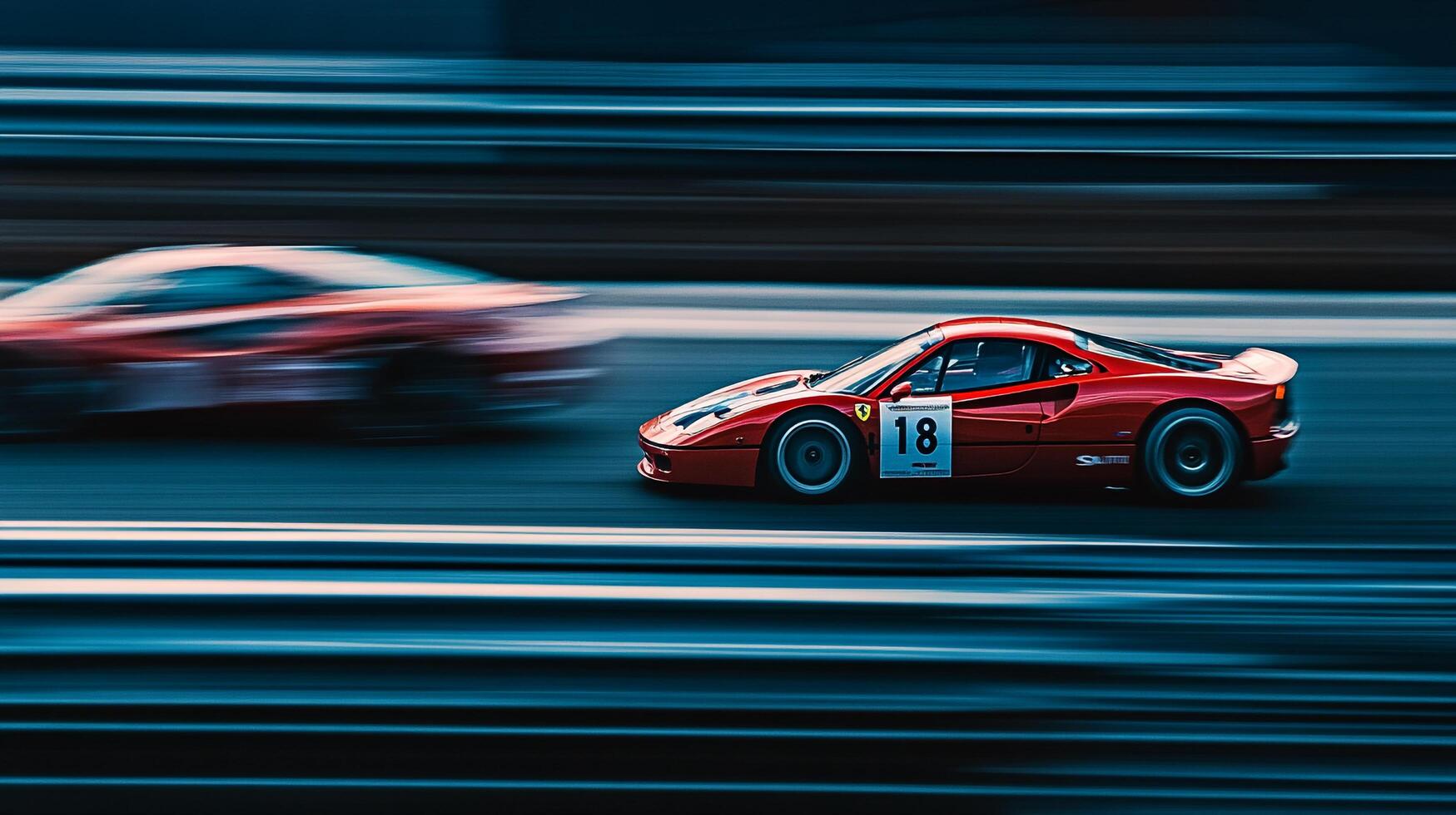 Two red sports cars zoom across a racetrack with blurring motion, competing in a high-speed race with number 18 car leading the other car. photo