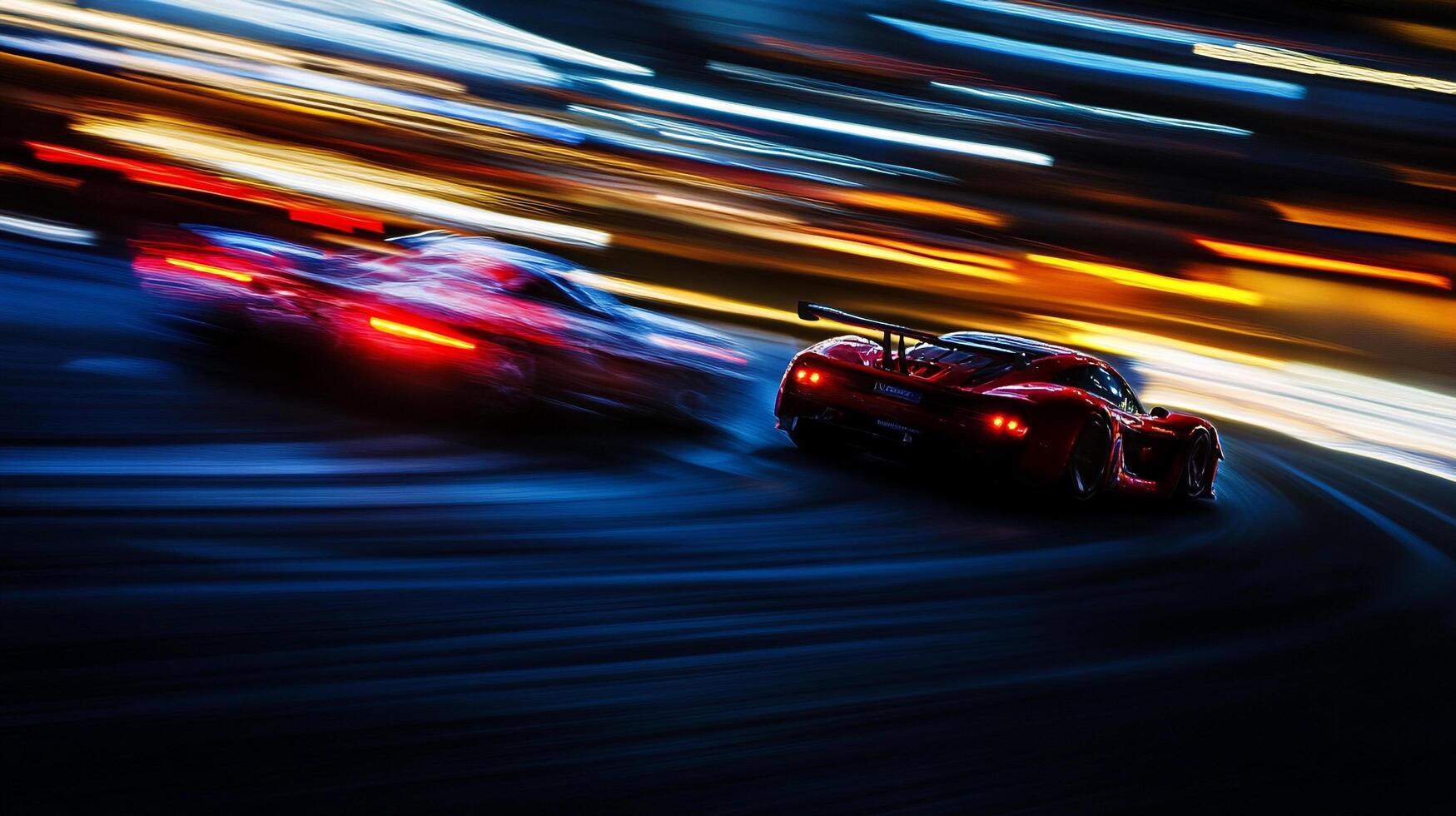 High-speed race captured in dynamic motion blur, featuring sleek sports cars under streaks of light, conveying speed and competition. photo