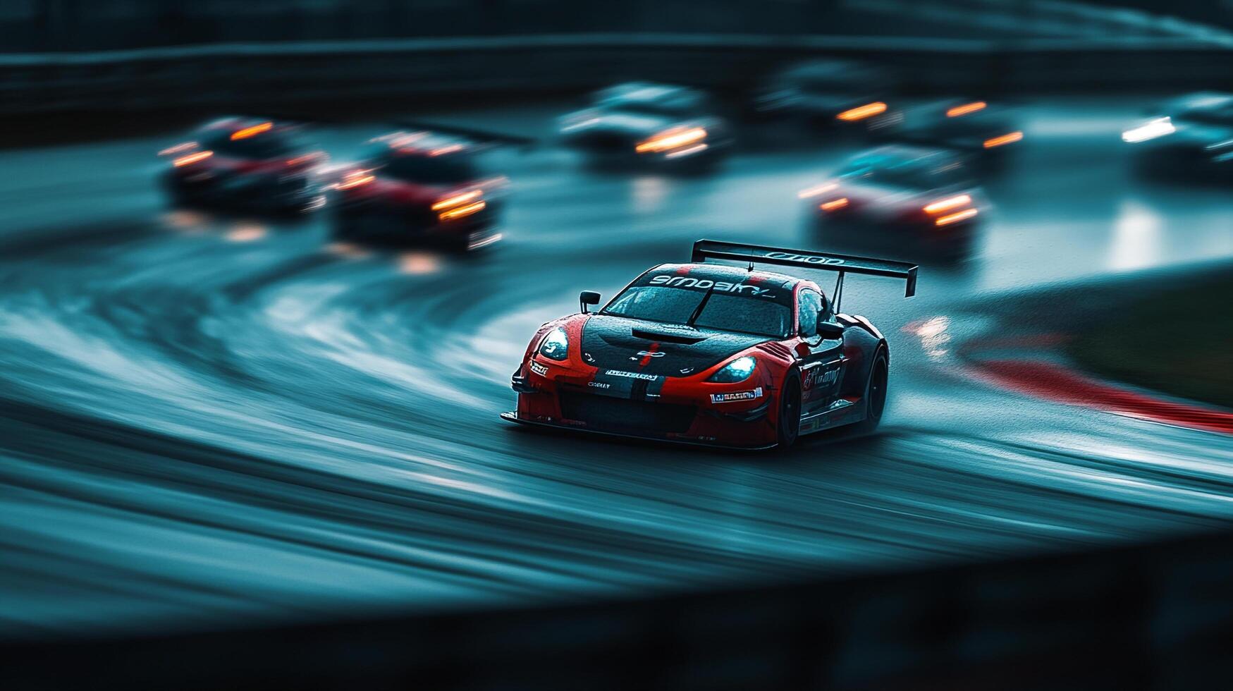 Race cars speeding around a curved track, showcasing speed and competition in a thrilling motorsport event under dim lighting. photo