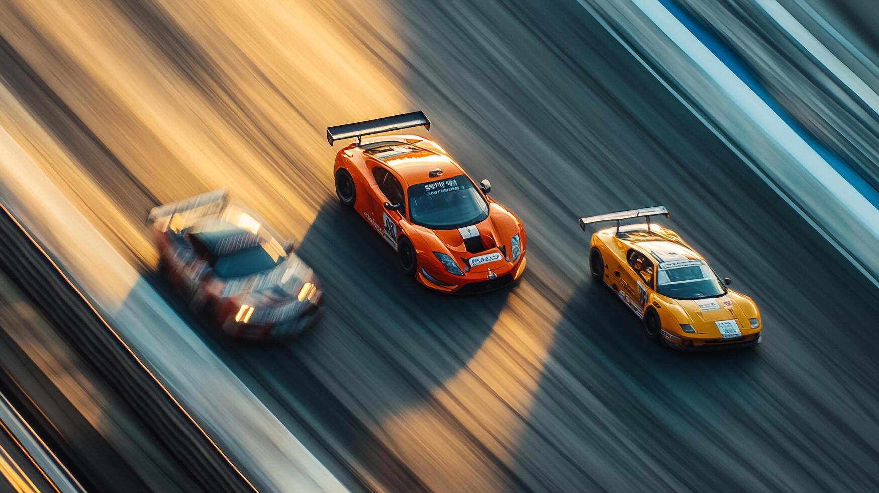 Race cars speed down a track, motion blurring their colorful bodies as they compete in a high-speed event. Adrenaline and excitement fill the air. photo