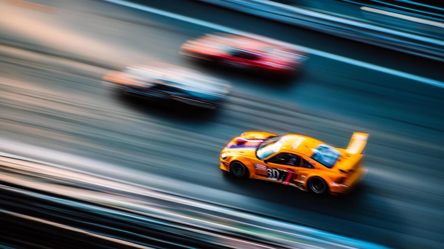 High-speed race cars blur across the track in a dynamic display of motion and competition, showcasing intense energy and focus. photo