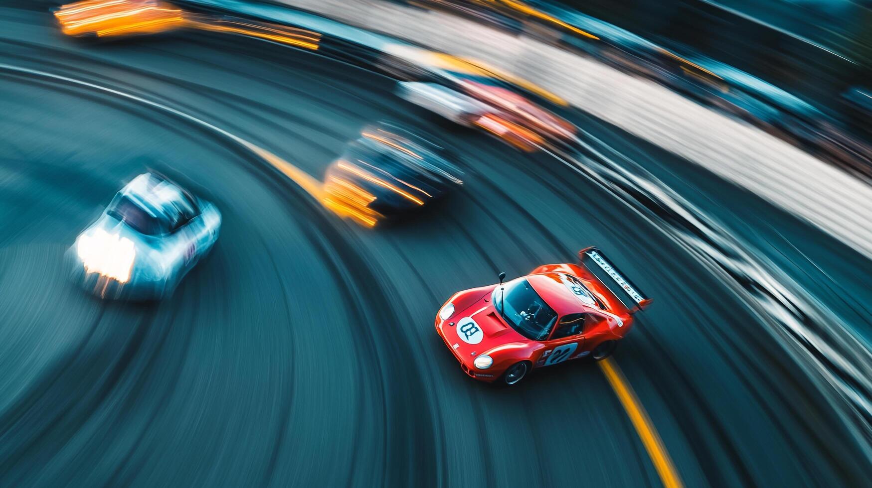 High-speed car race featuring classic sports vehicles captured with motion blur as they speed around a curved track in a competitive event. photo