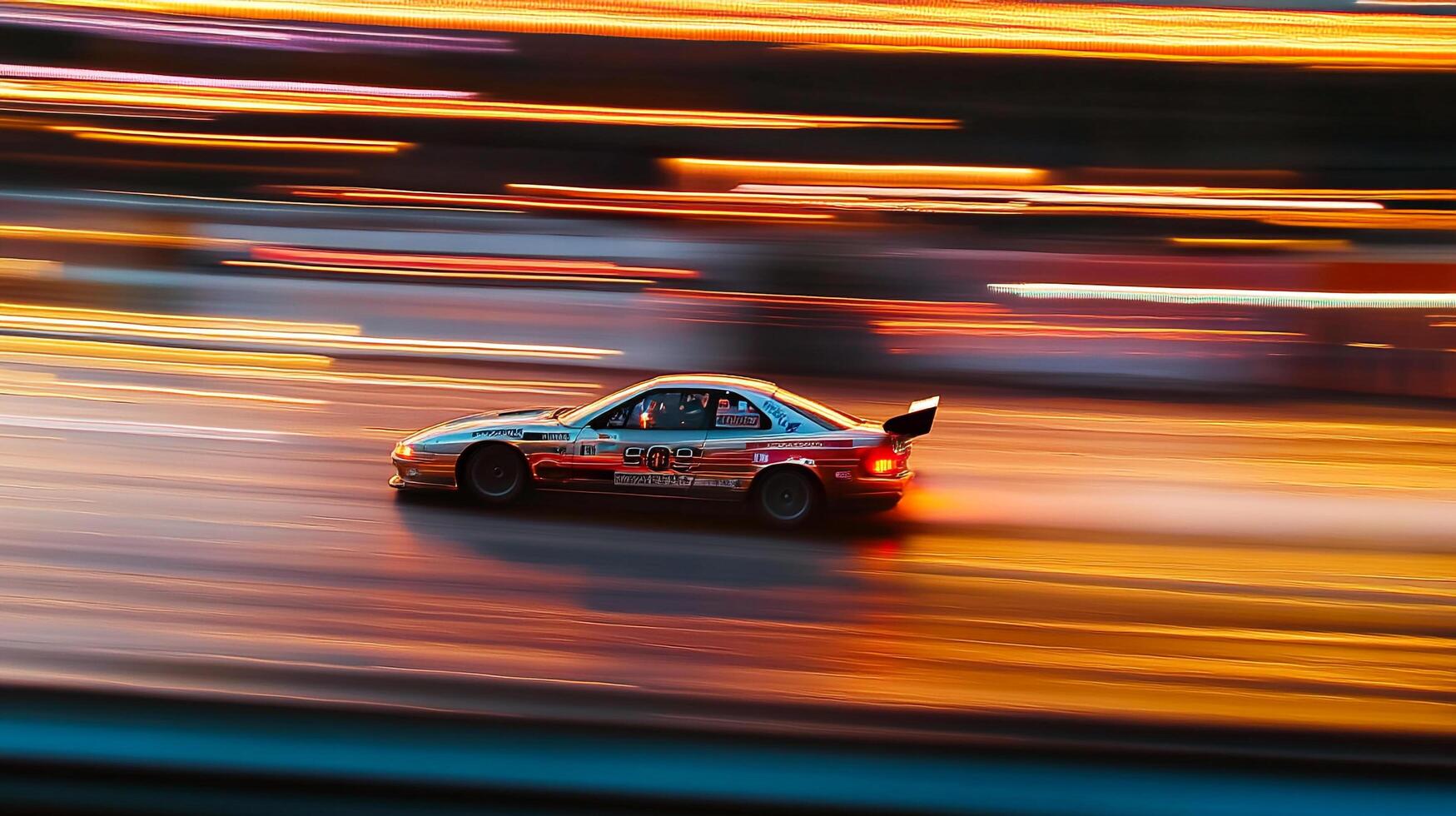 Motion blurred image of a silver car speeding at dusk, with long trails of orange, white and red lights behind the vehicle. photo
