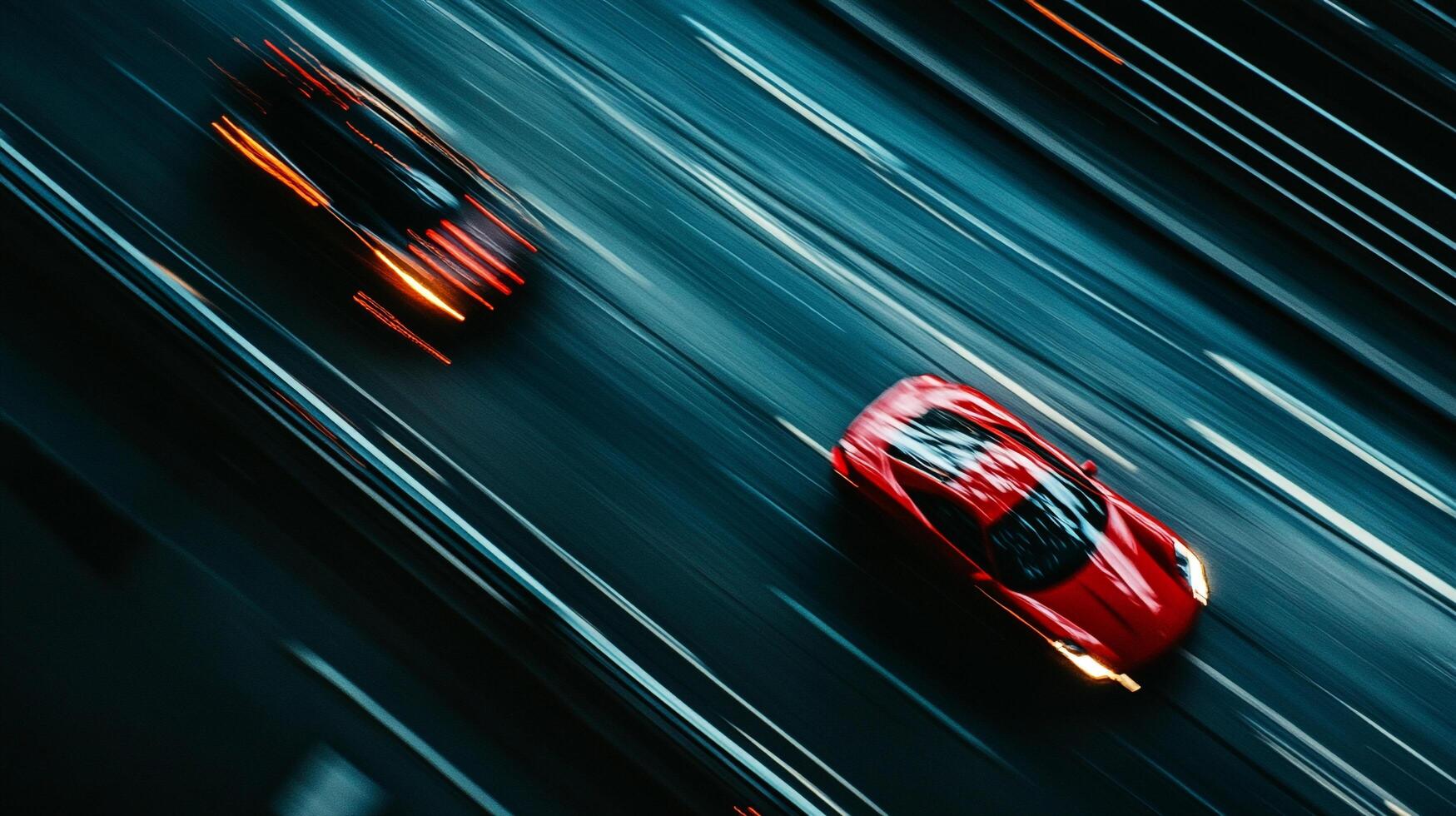 Two high-speed vehicles traverse a dark asphalt raceway, depicted with motion blur, suggesting extreme velocity and dynamic movement. photo