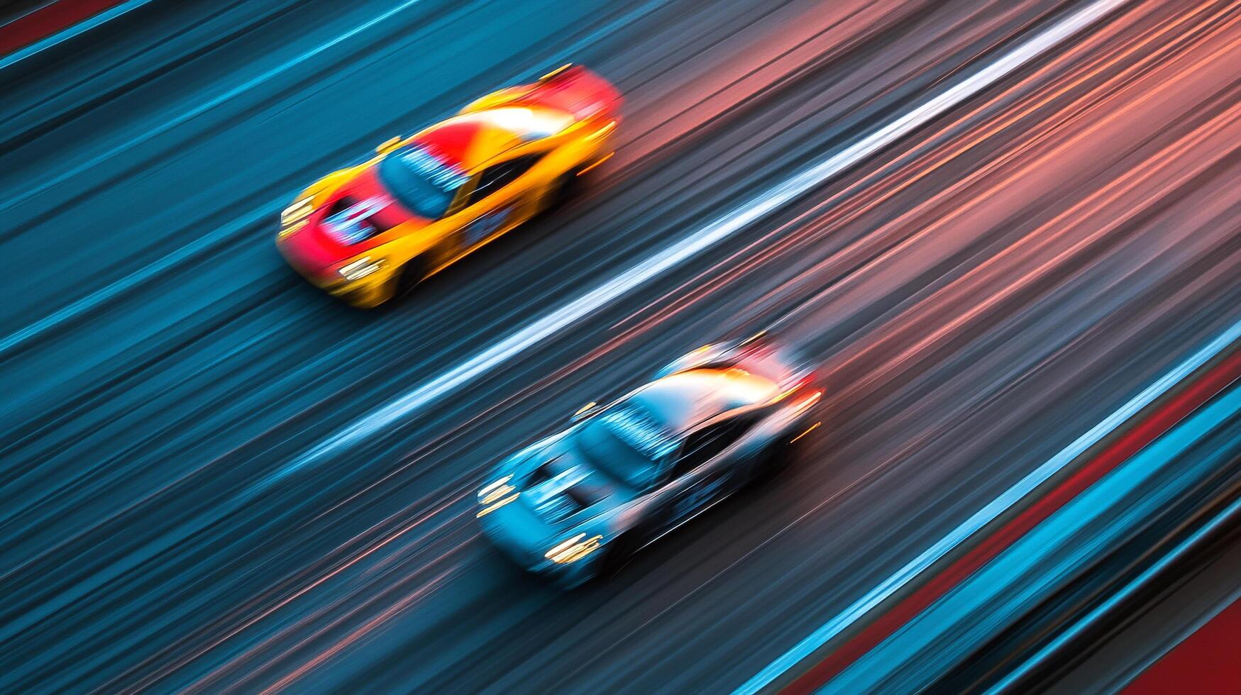 Dynamic shot of race cars speeding on a track with motion blur, conveying high speed, competition, and performance. photo