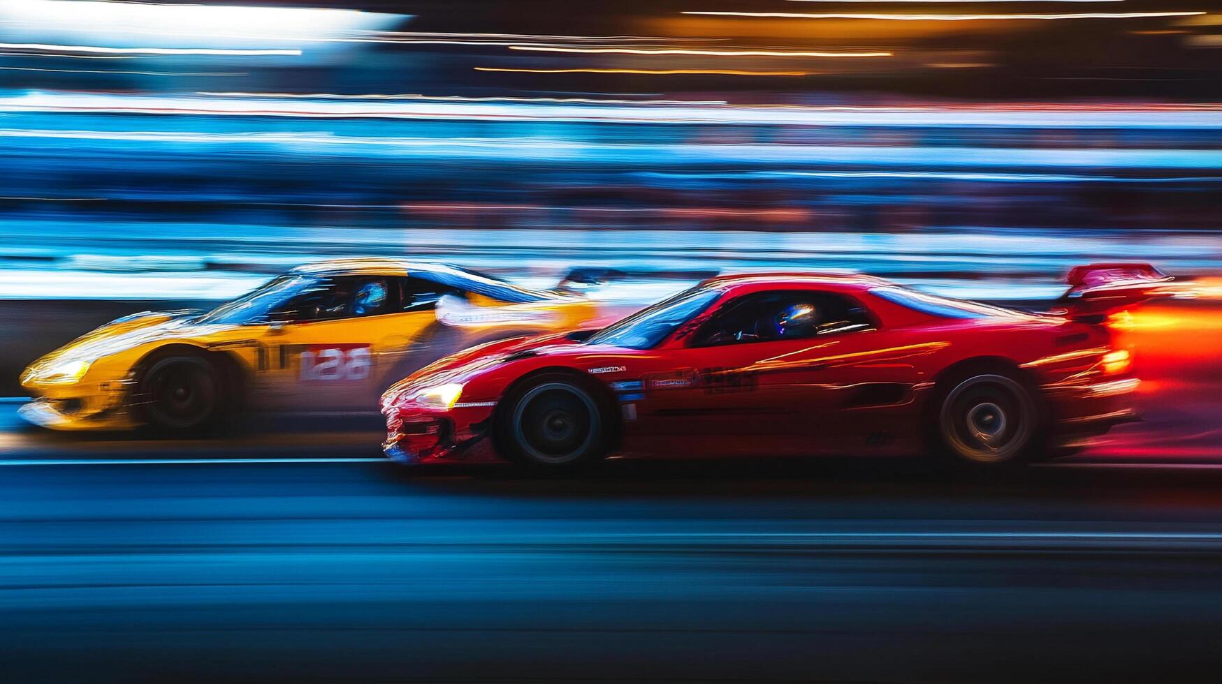 High-speed race captured with a dynamic motion blur, featuring a red car and a yellow car speeding through the night. photo