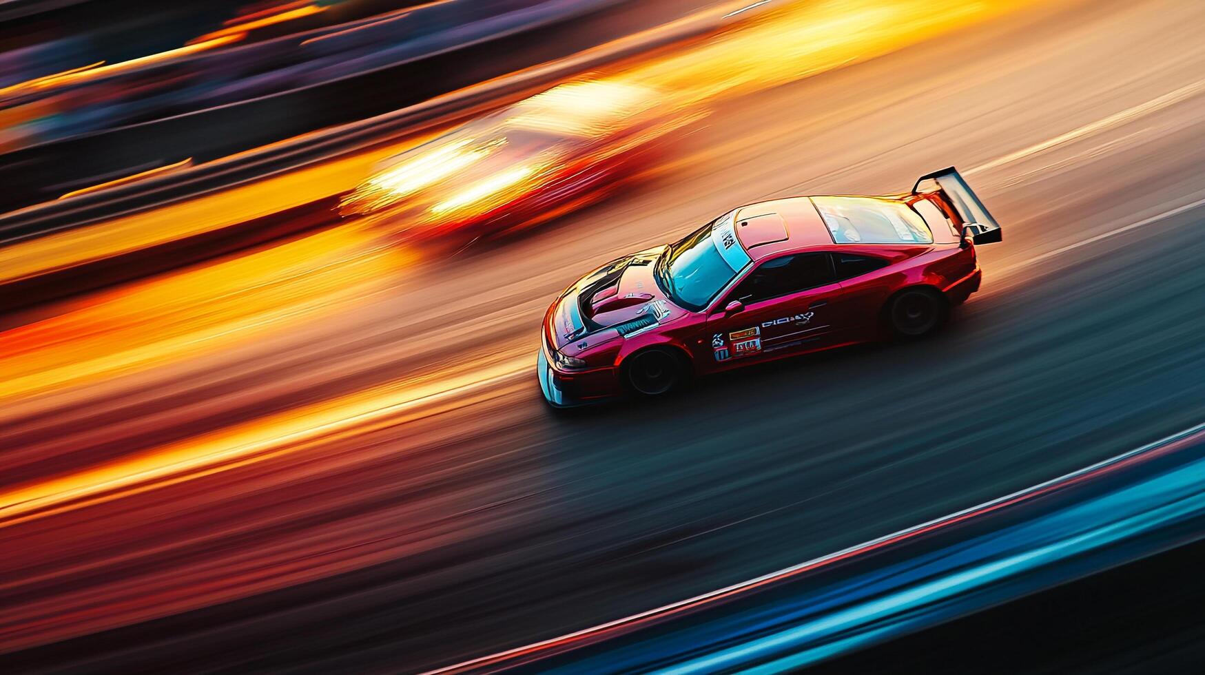 Speeding red sports car on a racetrack, blurred motion creating a sense of velocity and excitement in a vibrant, dynamic scene. photo