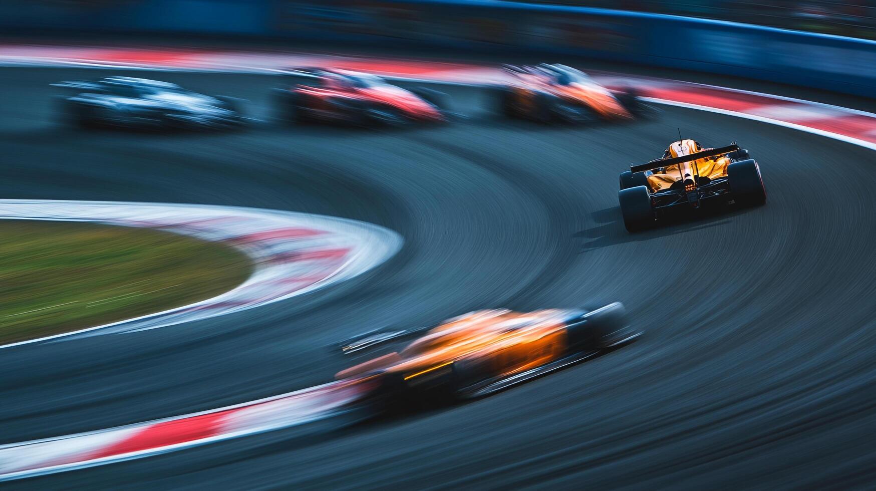 High-speed racecars navigate a curved racetrack, showcasing motion blur. An exciting display of speed and competition on a track. photo