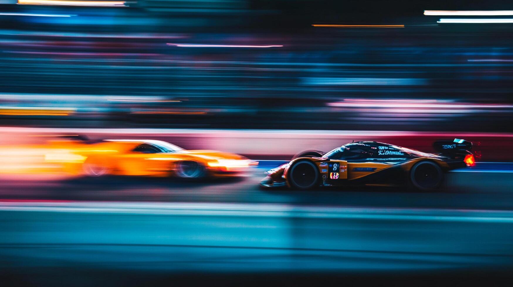 Race cars speeding in a blur, emphasizing the velocity and competition in high-stakes auto racing, motion, and color photo